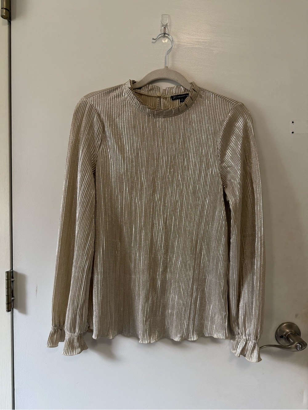 Adrianna Papell Pleated Long-Sleeve Ruffle Neck Top Champagne - Size M